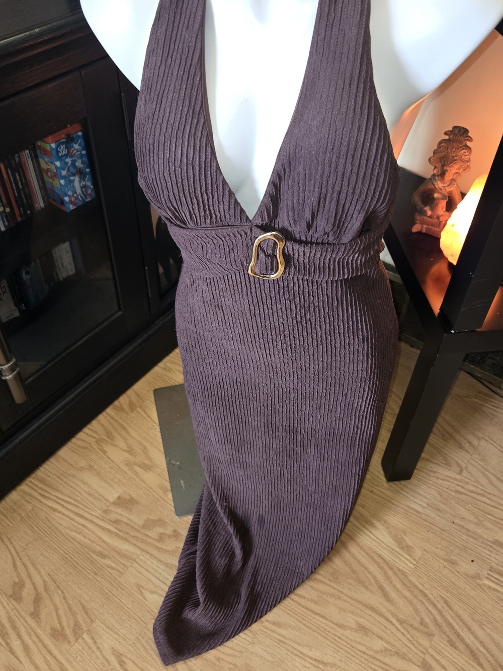 Plunging Halter Ribbed Maxi Dress